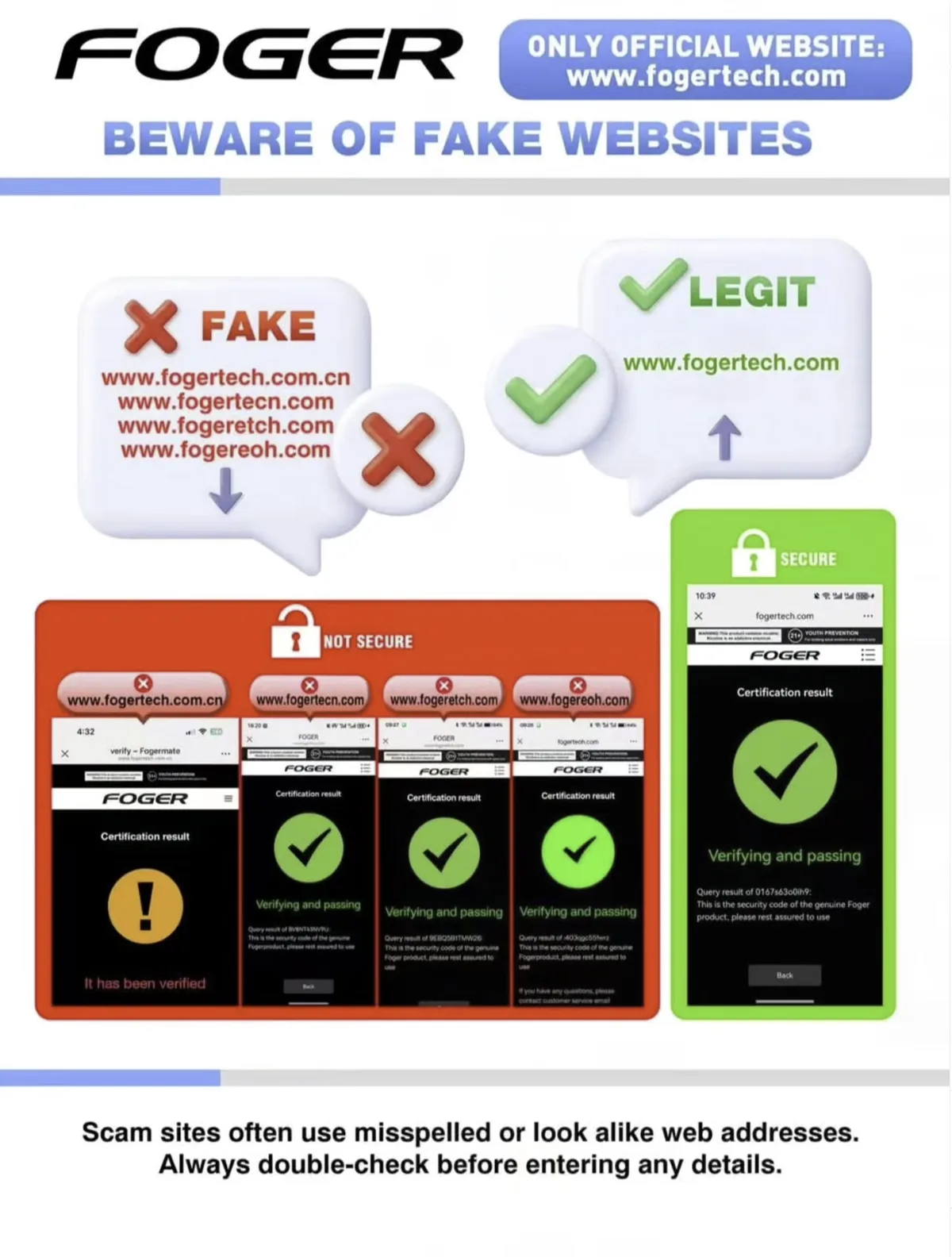 Foger brand notice: beware of fake websites — fogertech.com.cn, fogertecn.com, fogeretch.com and fogereoh.com are fake; fogertech.com is the manufacturer's site