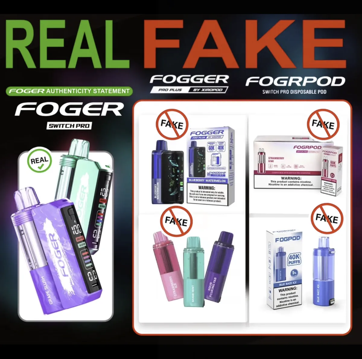 Foger authenticity statement — real Foger Switch Pro next to counterfeit FOGGER Pro Plus by XIROPOD and FOGRPOD boxes marked fake