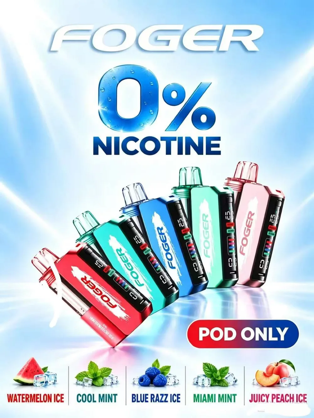 Foger Switch Pro 0% Nicotine Pods in Watermelon Ice, Cool Mint, Blue Razz Ice, Miami Mint and Juicy Peach Ice
